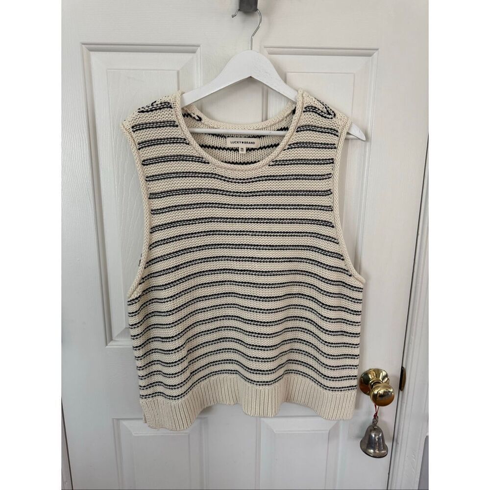 Lucky Brand Cream & Navy Stripe Roll Collar Sweater Vest sz XXL NWOT
